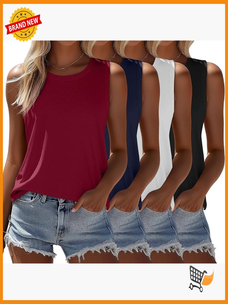 4 Pack Sleeveless Tanks Loose Fit Summer Tunic Tees Crew Neck